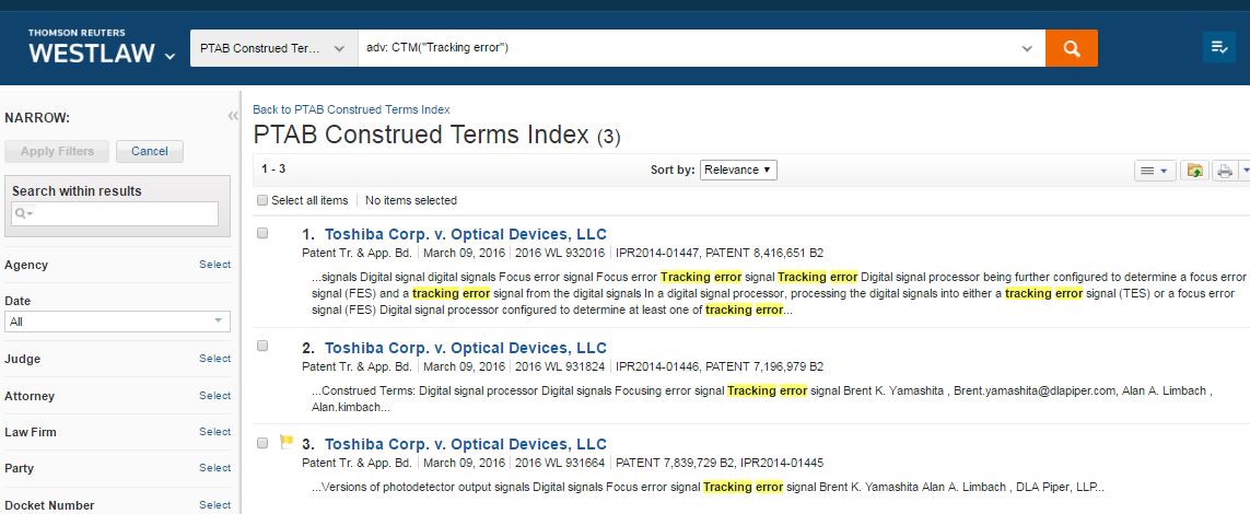 Screenshot of results for a PTAB case using connector search