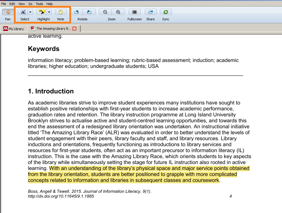 An image highlighting the annotation features in Mendeley. These are located at the top of the PDF. They include select, highlight, and note.