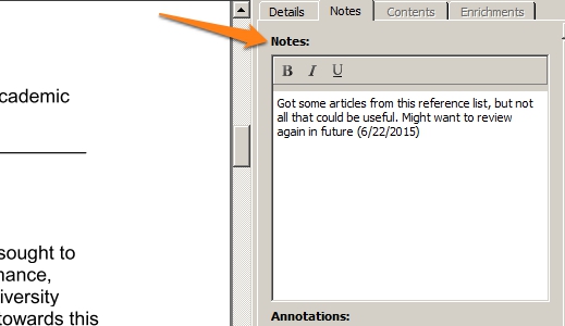 An image showing the Notes field. It is after the Details tab in your Mendeley library.