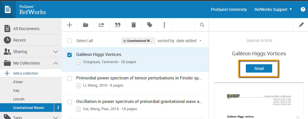 RefWorks screenshot with the Read button highlighted.