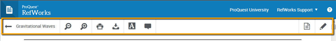 RefWorks screenshot showing the toolbar along the top of a full-text document. 