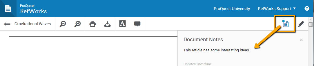 Screenshot showing the Documents Notes option when reading a document in RefWorks