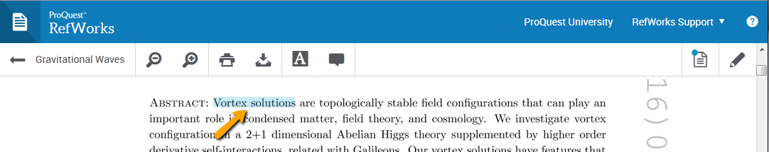 Screenshot showing how to highlight text when reading a document in RefWorks