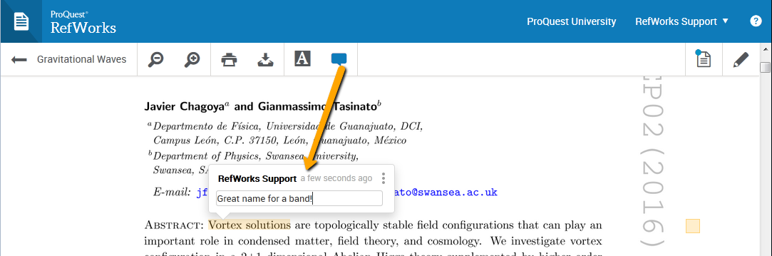 Screenshot showing how to use the Comment option to highlight text and make a comment when reading a document in RefWorks