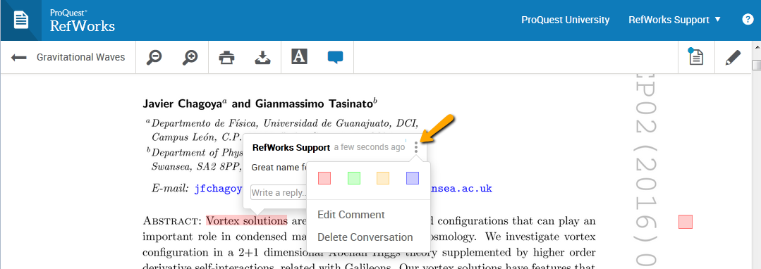 Screenshot showing how to modify a note when reading a document in RefWorks