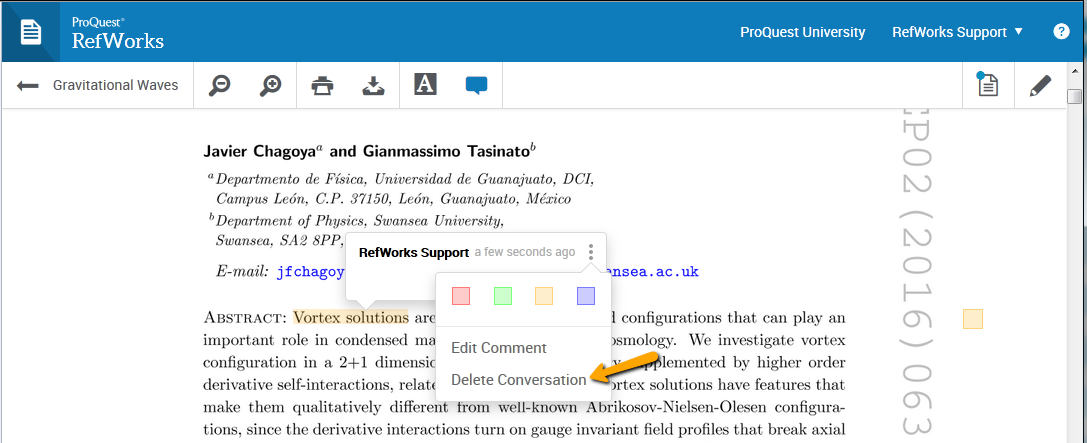 Screenshot showing how to remove highlighting when reading a document in RefWorks