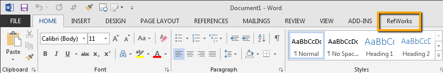 Microsoft Word Ribbon - RefWorks highlighted