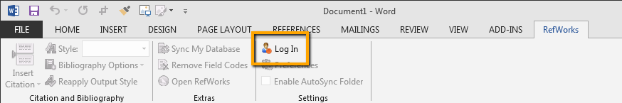 Microsoft Word Ribbon - Log-In highlighted