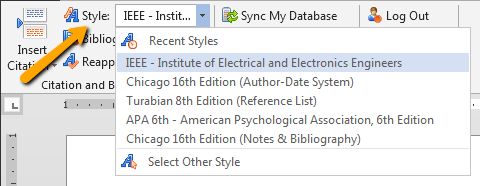 arrow pointing to drop-down menu of citation styles on Write-N-Cite