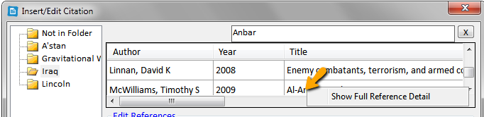 Write-N-Cite Insert/Edit Citation screenshot with an arrow pointing to Show Full Reference Detail.