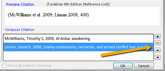 Write-N-Cite Insert/Edit Citation screenshot with an arrow pointing to the plus and minu buttons.