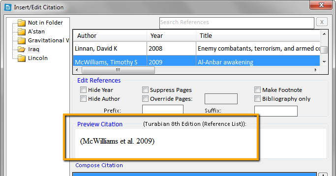 Write-N-Cite Insert/Edit Citation screenshot with an arrow pointing to the Preview Citation area.