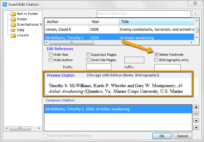 Write-N-Cite Insert/Edit Citation screenshot with an arrow pointing to the Make Footnote checkbox.