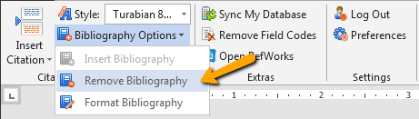 Microsoft Word screenshot with an arrow pointing to the RefWorks Remove Bibliography link.