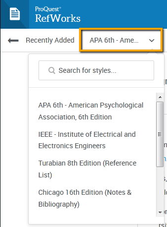 Screenshot showing search box for citation styles