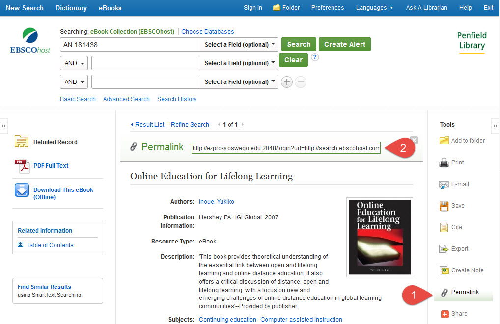 Screenshot of the Ebsco search results screen with permalink area marked