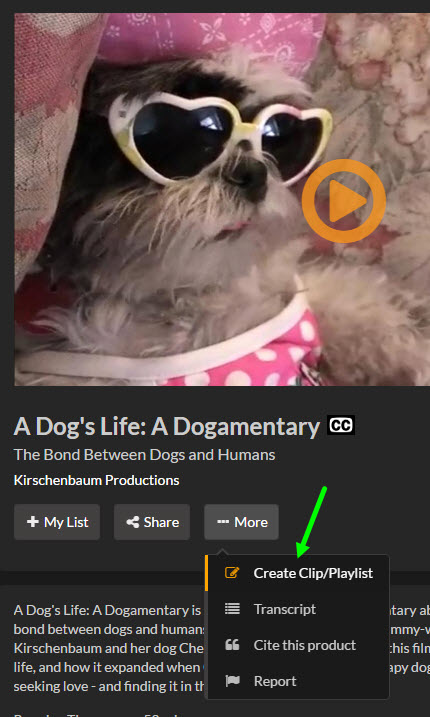 Screenshot of Kanopy streaming video, with 'Create Clip / Playlist' showing under 'More' button