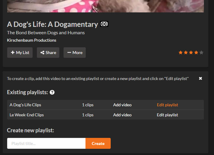 Screenshot of Kanopy video page, when adding item to playlist