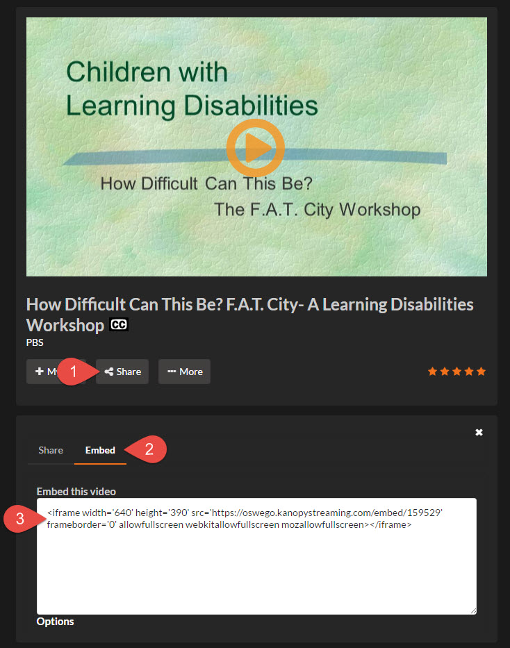 Screenshot of a Kanopy video with the embed code shown