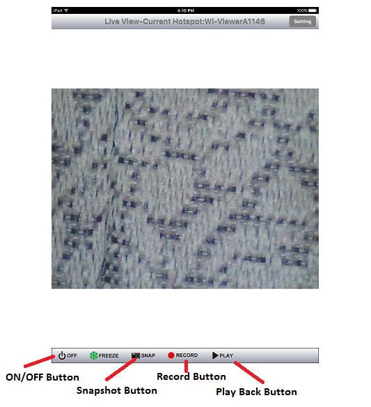 Screenshot labeling the various button of the Wifi Viewer app