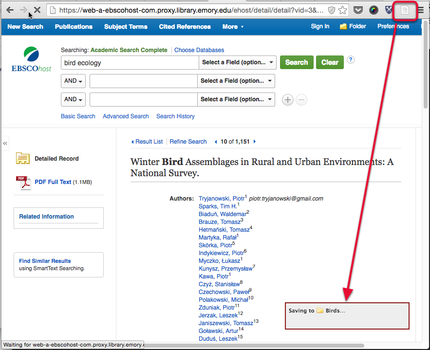 to save a single article from a database search, click on the Zotero connector page icon.