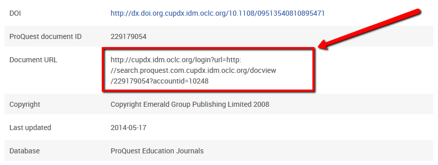 ProQuest record page - highlighting Document URL