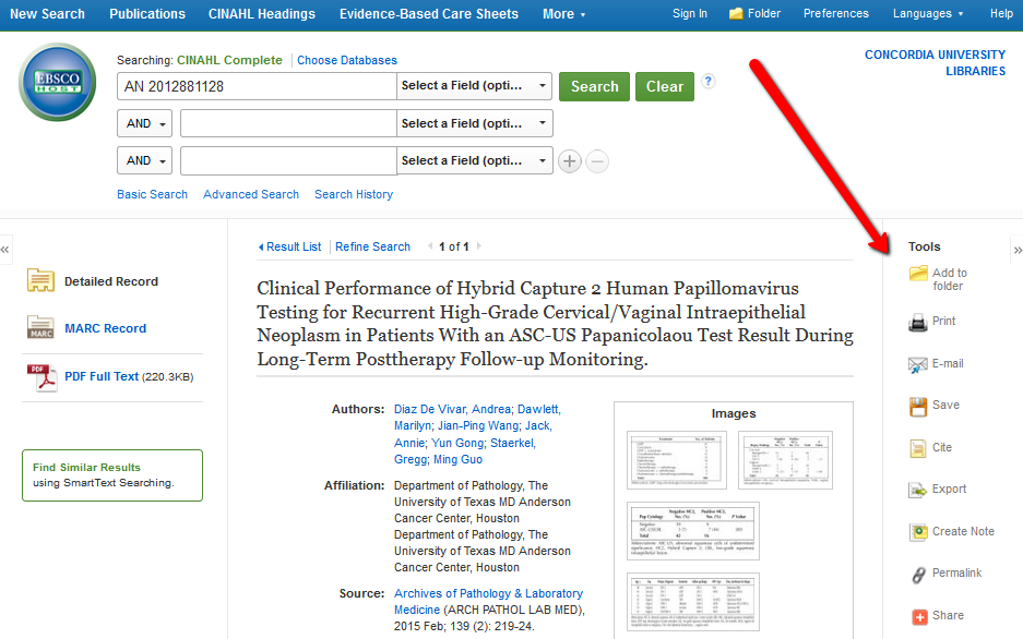 EBSCO record page - pointing to right side menu