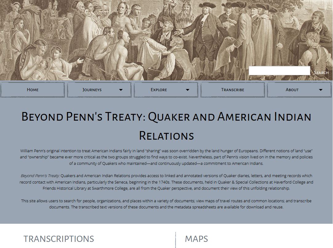 Screenshot for Beyond Penn's Treaty: Quaker and American Indian Relations. Shows a black-and-white drawing of men in colonial dress encountering American Indians, above text.