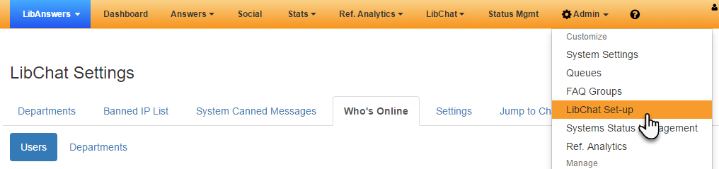 Screenshot showing how to access the "Who's Online" page of the LibChat Settings.