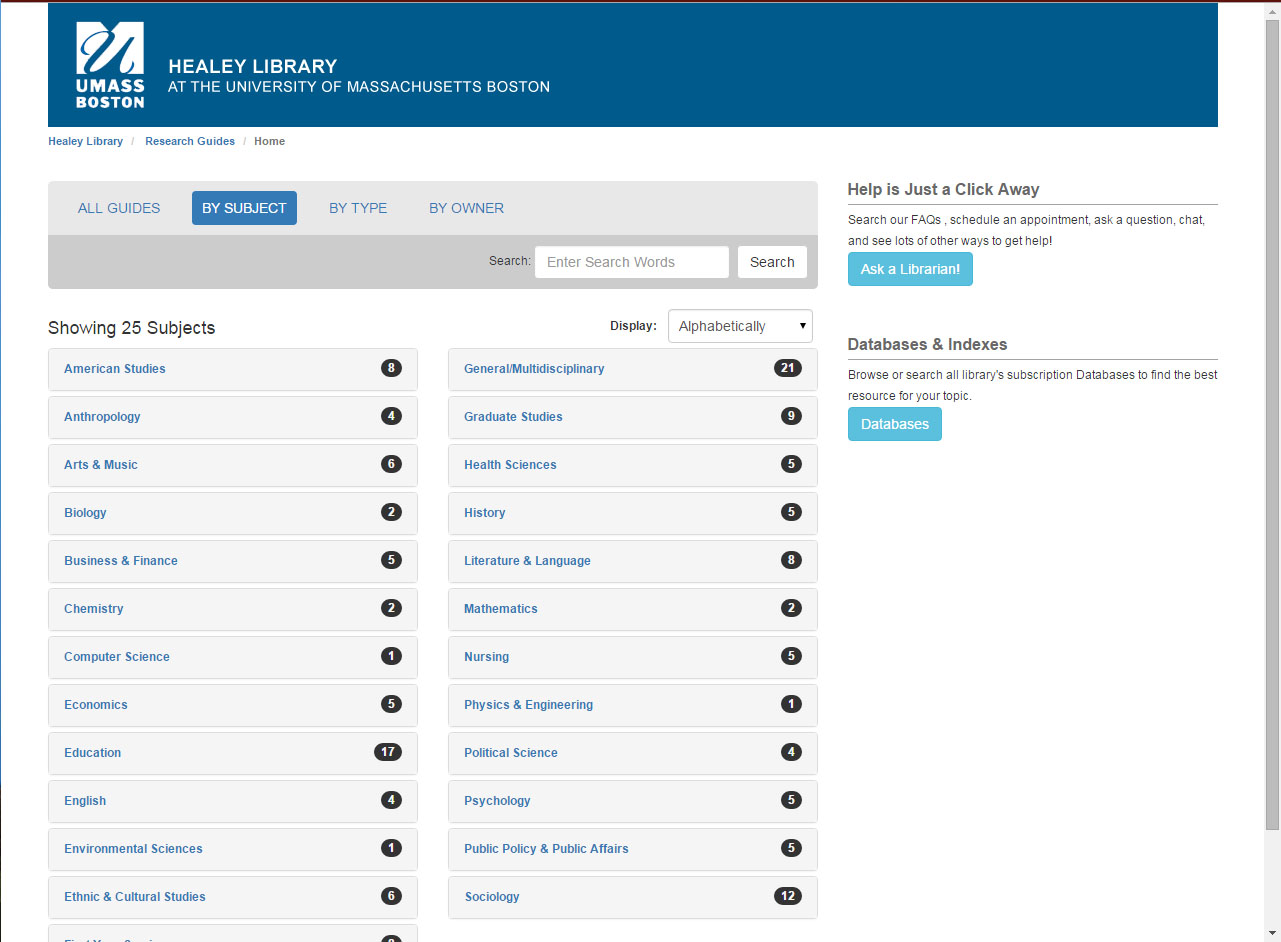 Research Guide screen shot: Guides by Subject