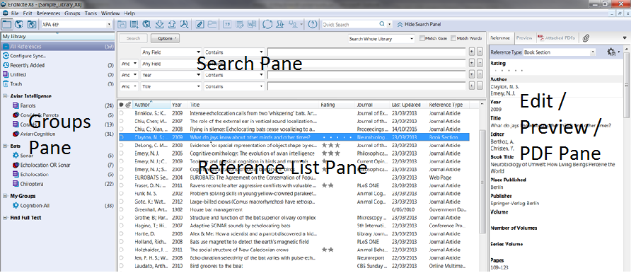 EndNote window panes