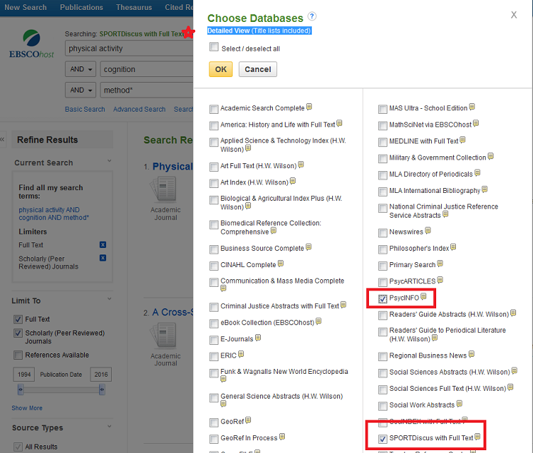 Screenshot of Choose Databases dialogue box with various databases checked off and in red boxes. 