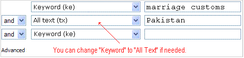 database keyword space has marriage customs entered; next line of search form has All Text selected in the pulldown and Pakistan entered in the space