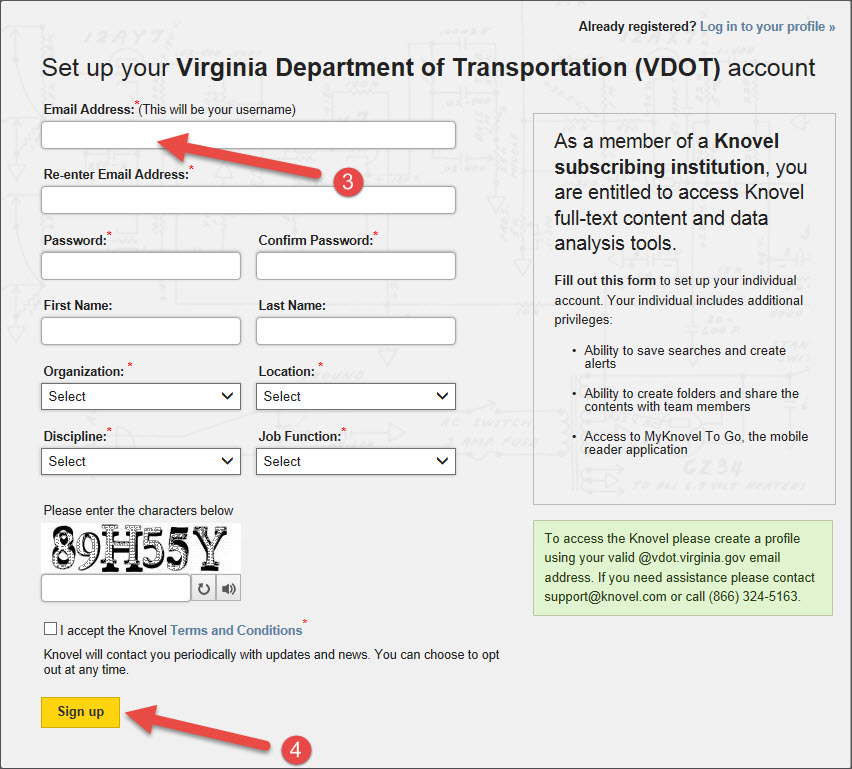 Knovel registration: Set up your Virginia Department of Transportation account.
