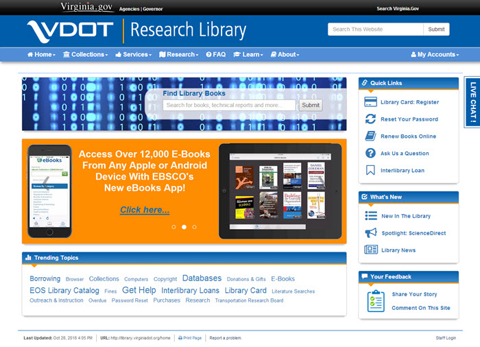 Screen capture showing the VDOT Research Library's new Web site. 