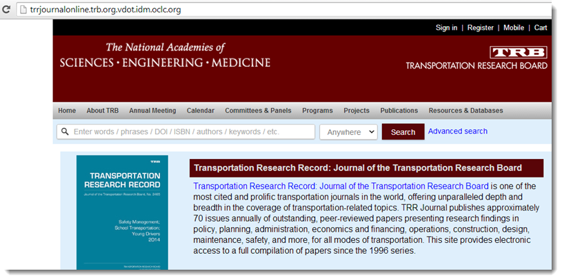 Screen capture image showing the Transportation Research Record (TRR) Web site.