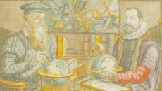 image of two men with globes from Gerardus Mercator and Jodocus Hondius. Atlas (Amsterdam, Henry Hondius and John Johnson, 1636)