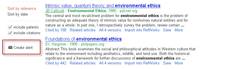 Google Scholar search results screen with the Create alert link highlighted.