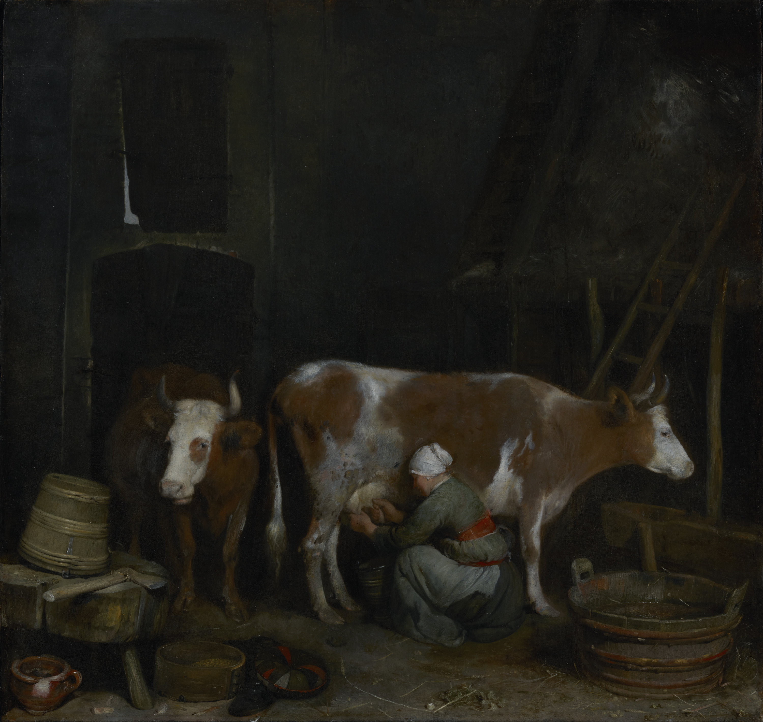 A Maid Milking a Cow in a Barn