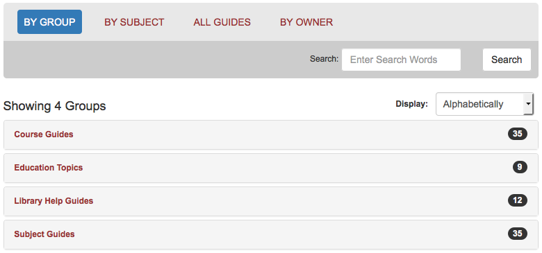 Screenshot of Research Guides By Group list.