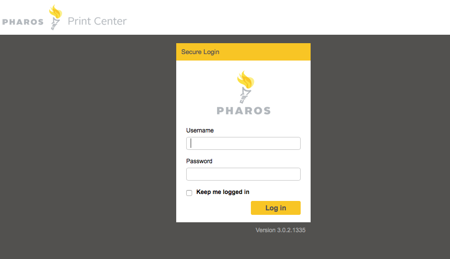 Pharos Print Center mobile print login page