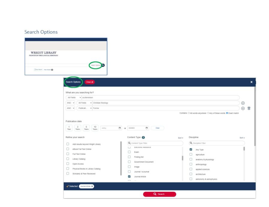 screen snips of the Search Options link on the Summon landing screen and the Search Options overlay which includes fields for entering search terms, Publication Date, Refine your search, Content Type, Discipline and other search filters