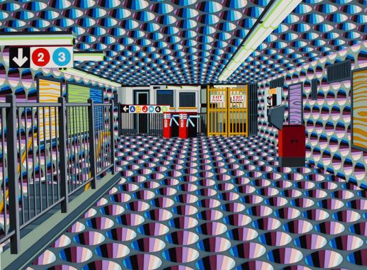 A colorful op art print depicts a subway thoroughfare with stairways, turnstiles, gates, and a ticketing machine.
