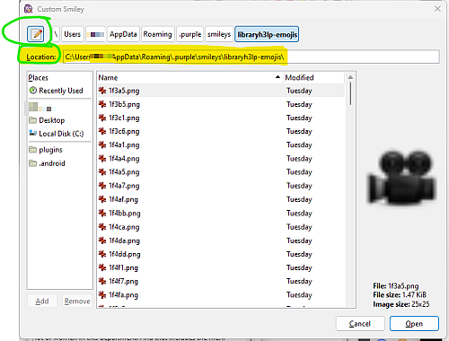 Pidgin custom emoji file selector showing path