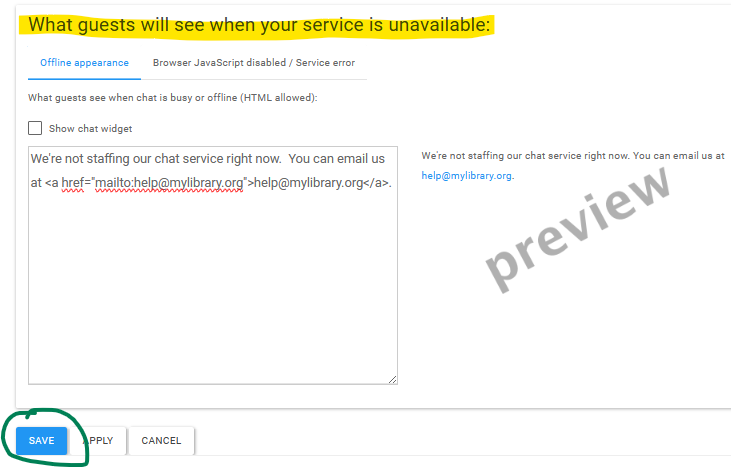 configuring offline appearance of chat snippet and saving
