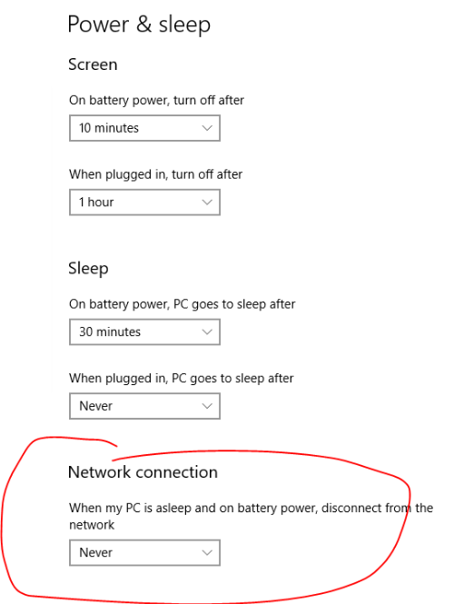 power and sleep settings network connection screenshot