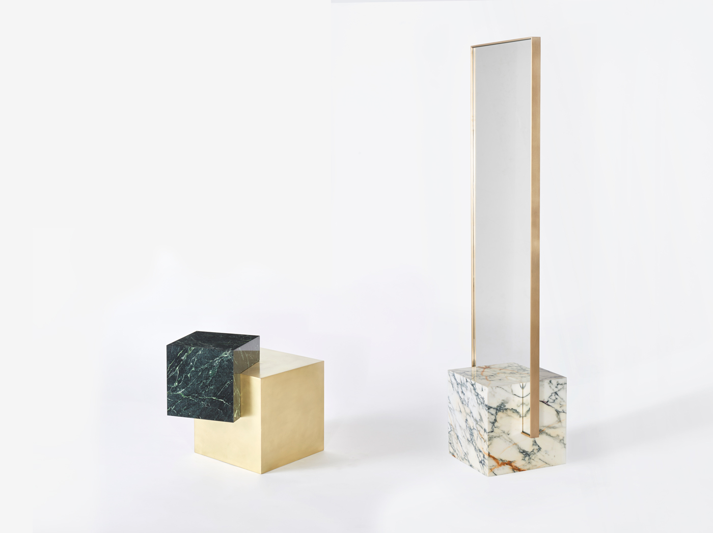 COEXIST ASKEW Marble and Brass Side Table; COEXIST Standing Mirror