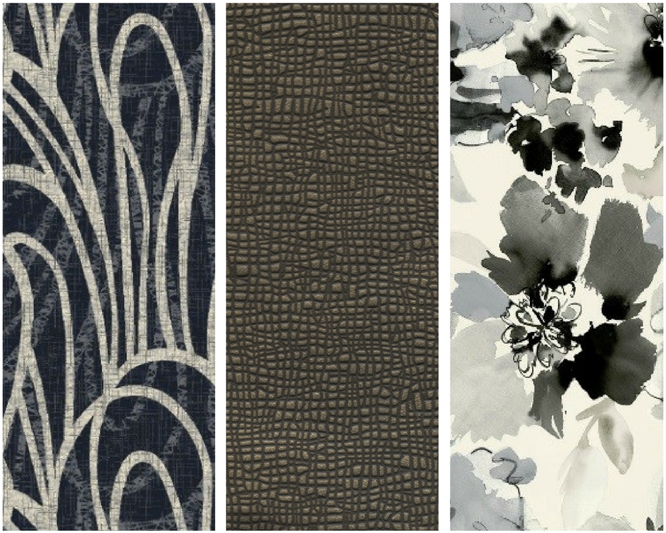 obsidian Left: Stacy Garcia for Brintons Retrospective Collection 16/S4844SG Middle: Stacy Garcia for Townsend Leather Kinetic-Mineral Right: Stacy Garcia Textiles Painted Blossom-Cool Grey