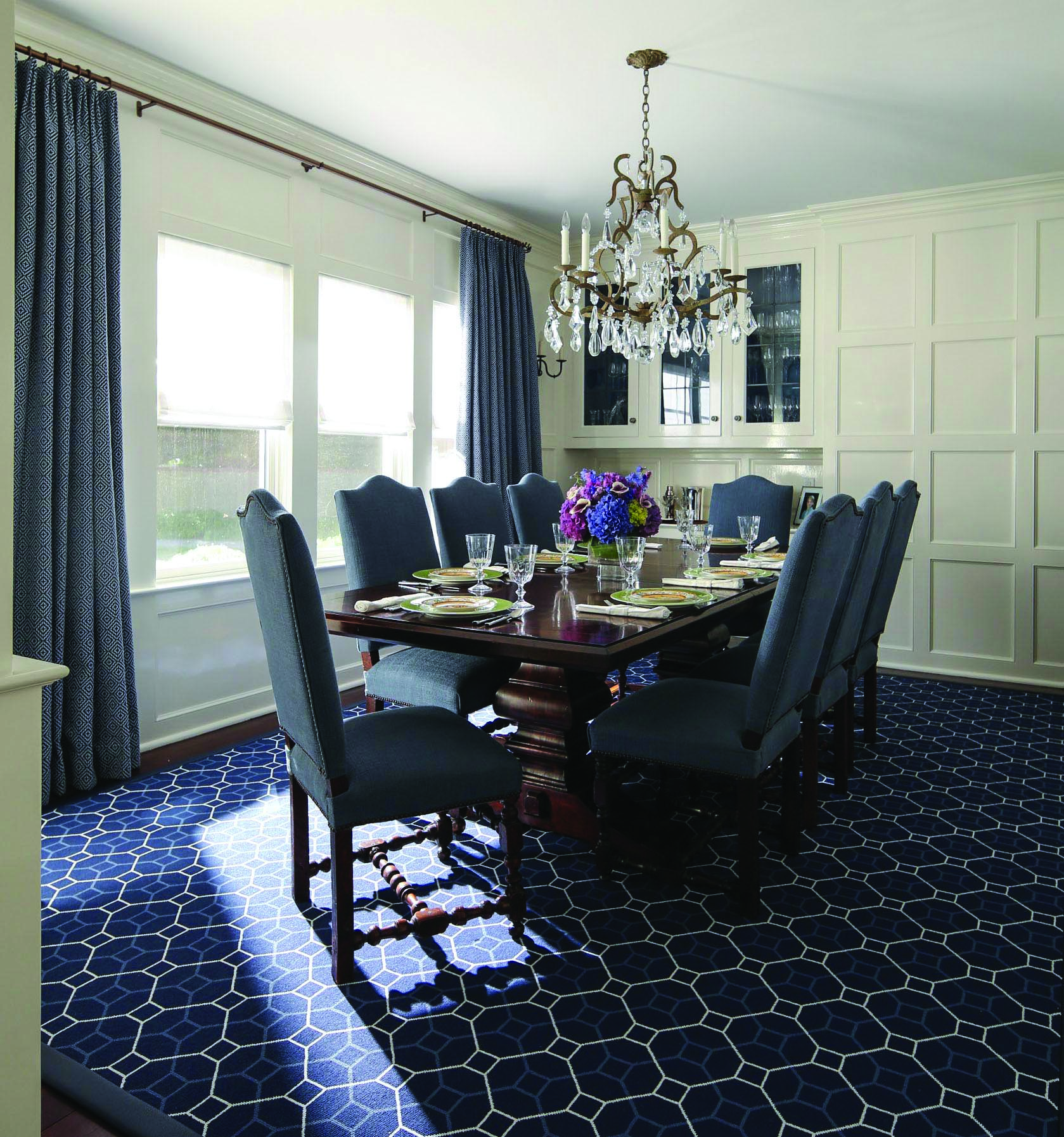 Art of the Table: Elissa Grayer's (inset) client wanted a mix of formal and informal. Antique chairs were reupholstered in a performance fabric and a patterned Stark rug make it luxe and livable