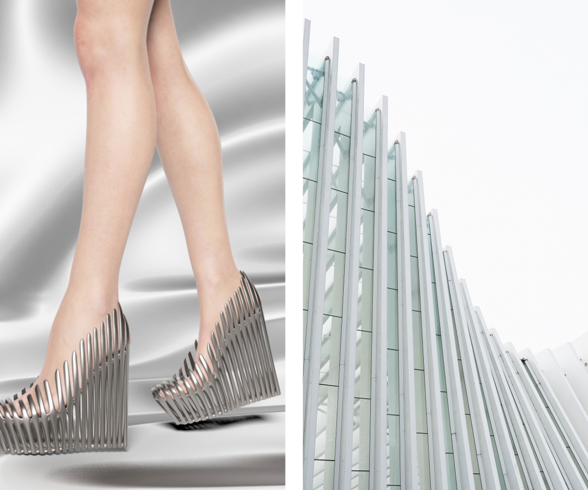 Left: Ica Kostika Spine Shoe Right: Reggio Emilia AV Mediopadana Italy photo by Luca Bravo via unsplash